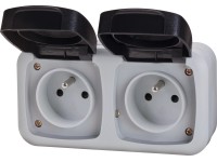 Zásuvka se středovým ochranným kontaktem na omítku dvojitá šedá/černá kulatá