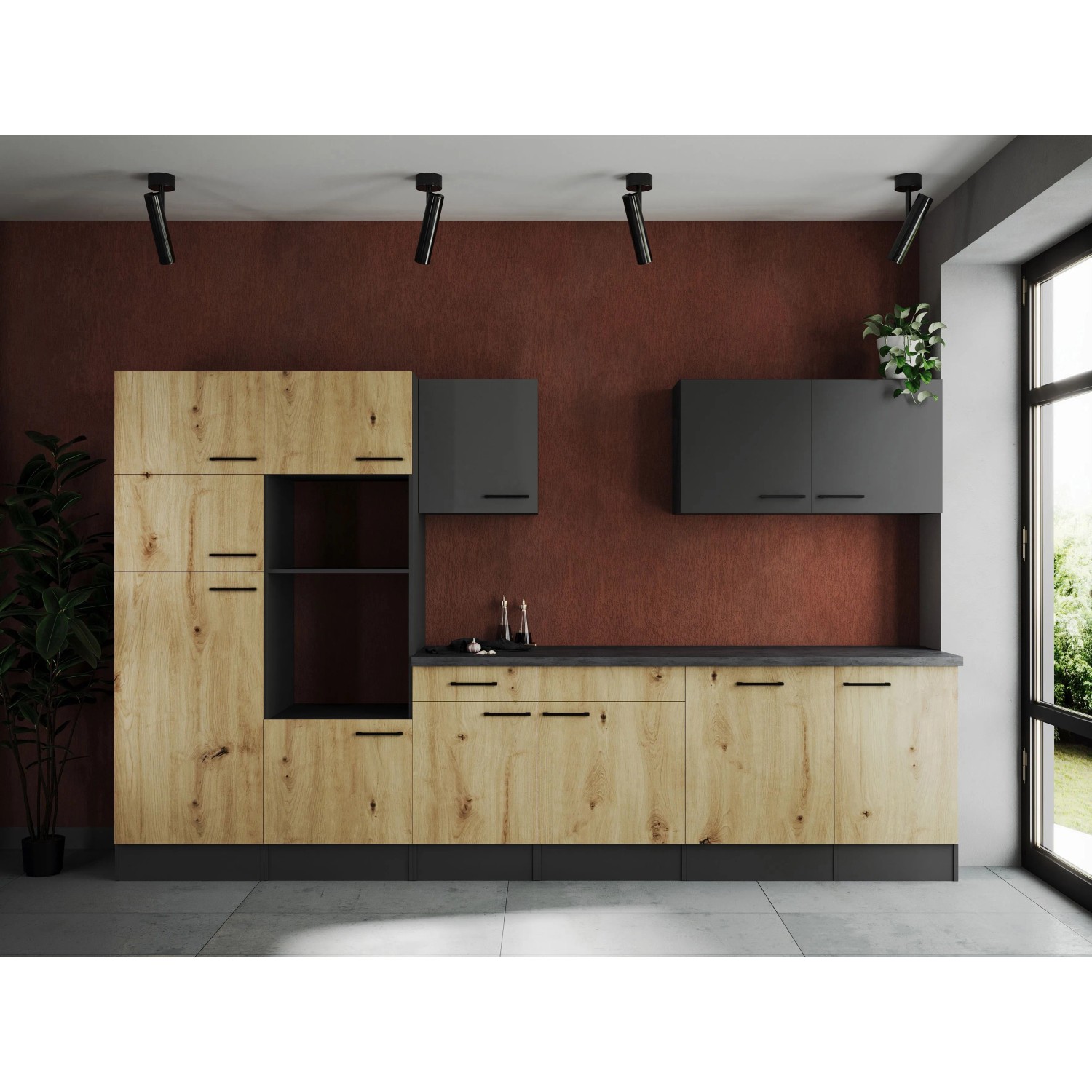 Respekta Kuchyně Oliver dub Artisan+šedá matná/žula 340 cm - bez el. přístrojů