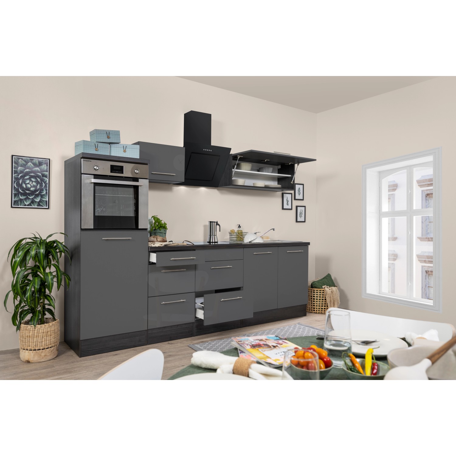 Respekta Kuchyně Amanda šedá/dub 270 cm - trouba/skloker.d./digestoř/lednice