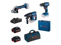 Bosch Sada aku nářadí GSR185+GWS180+GBH180+2x4.0Ah aku, nabíječka, kufr, taška