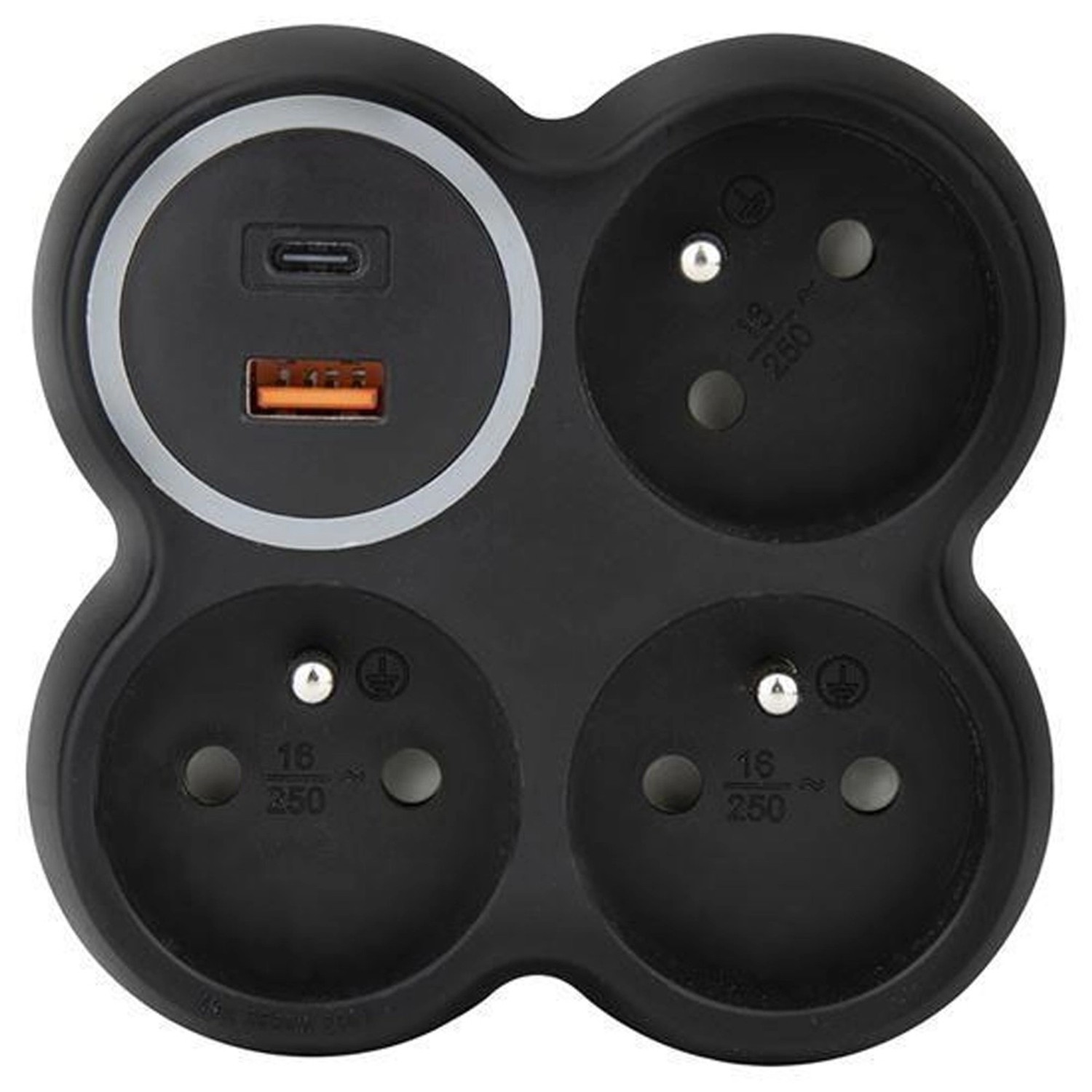 Solight Rozbočka 3 zásuvky, 15A, USB A+C, rychlonabíječka 20W PD, matná černá