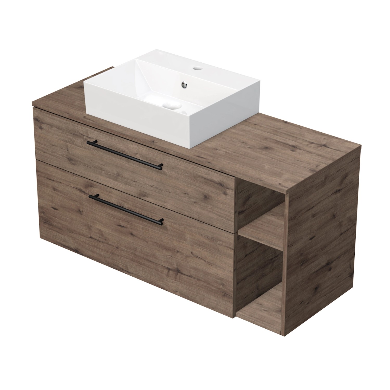 INTEDOOR Skříň+umyvadlo BEE, úchyt černý, š.120 cm, regál vpravo, dub Wellington