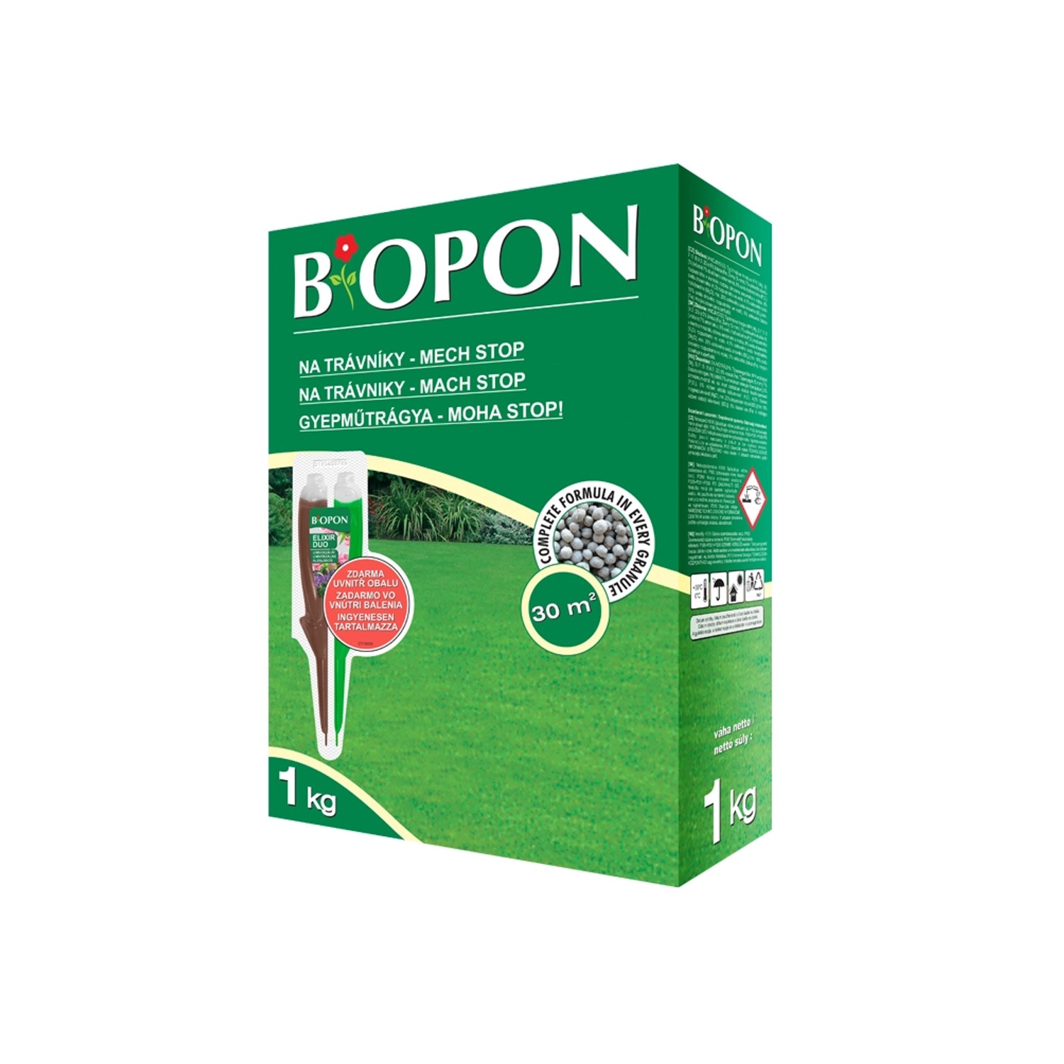 BIOPON Hnojivo na trávník proti mechu 1kg + elixír DUO ZDARMA