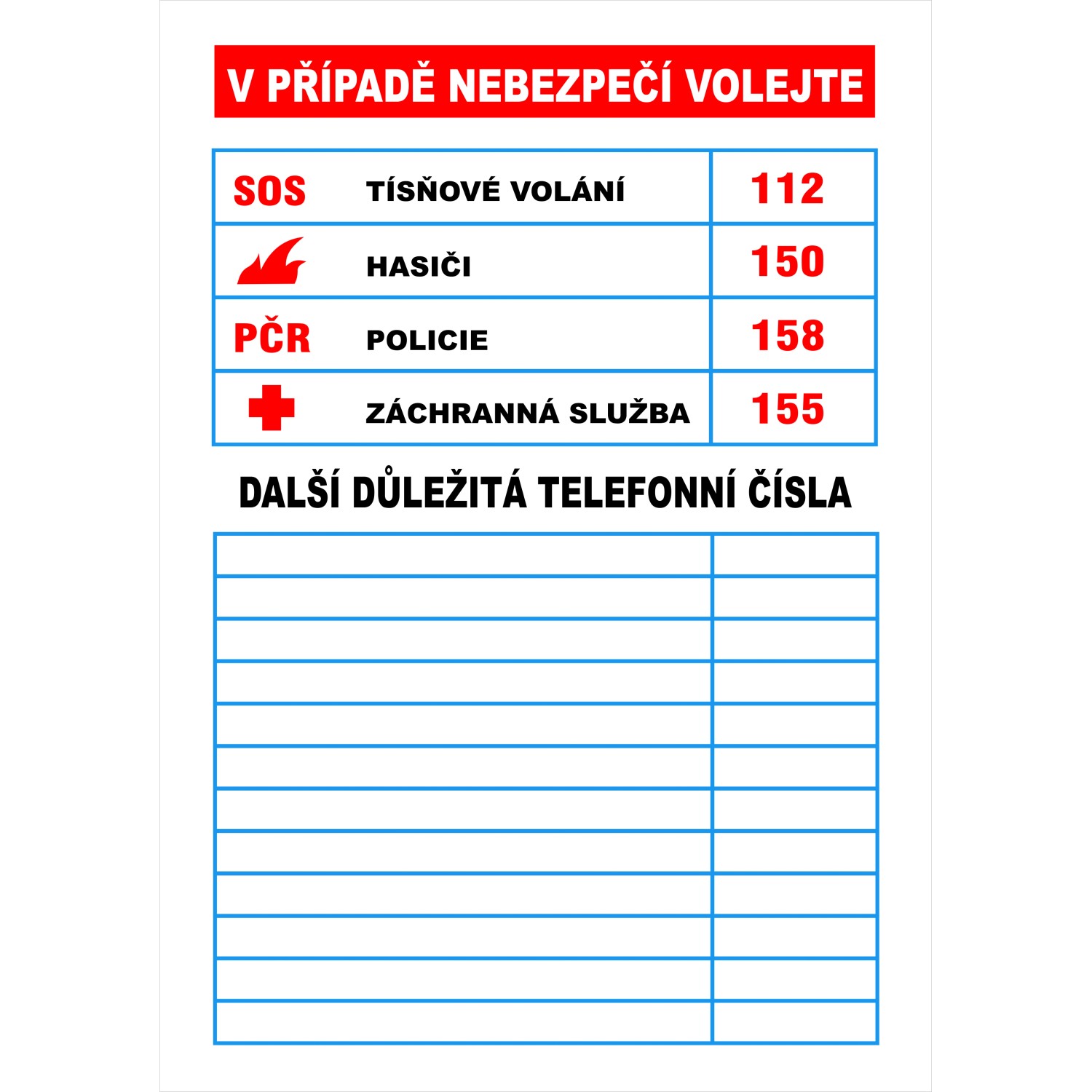 Samolepka Důležitá čísla 105 mm x 74 mm