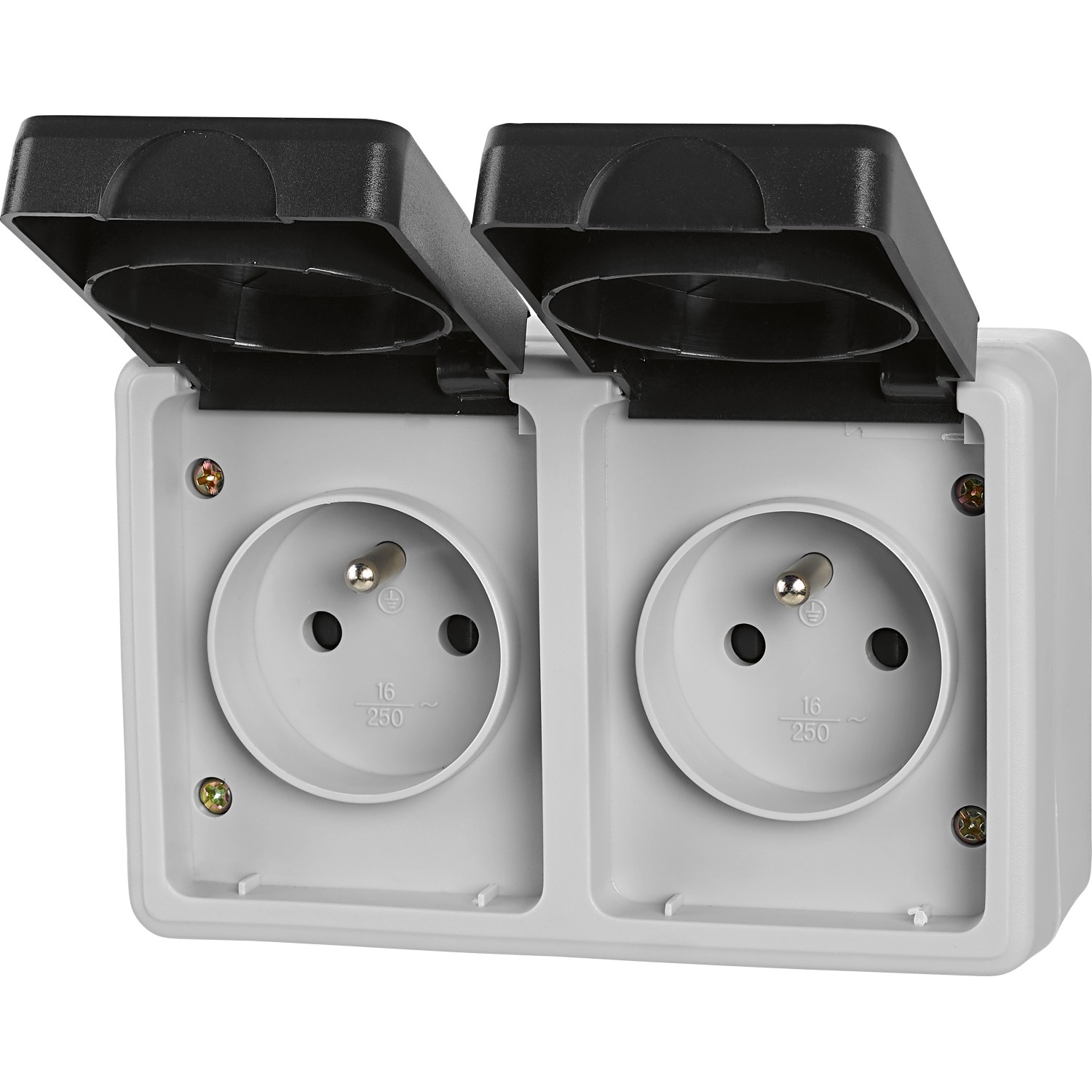Zásuvka se středovým ochranným kontaktem dvojitá IP54 šedá/černá