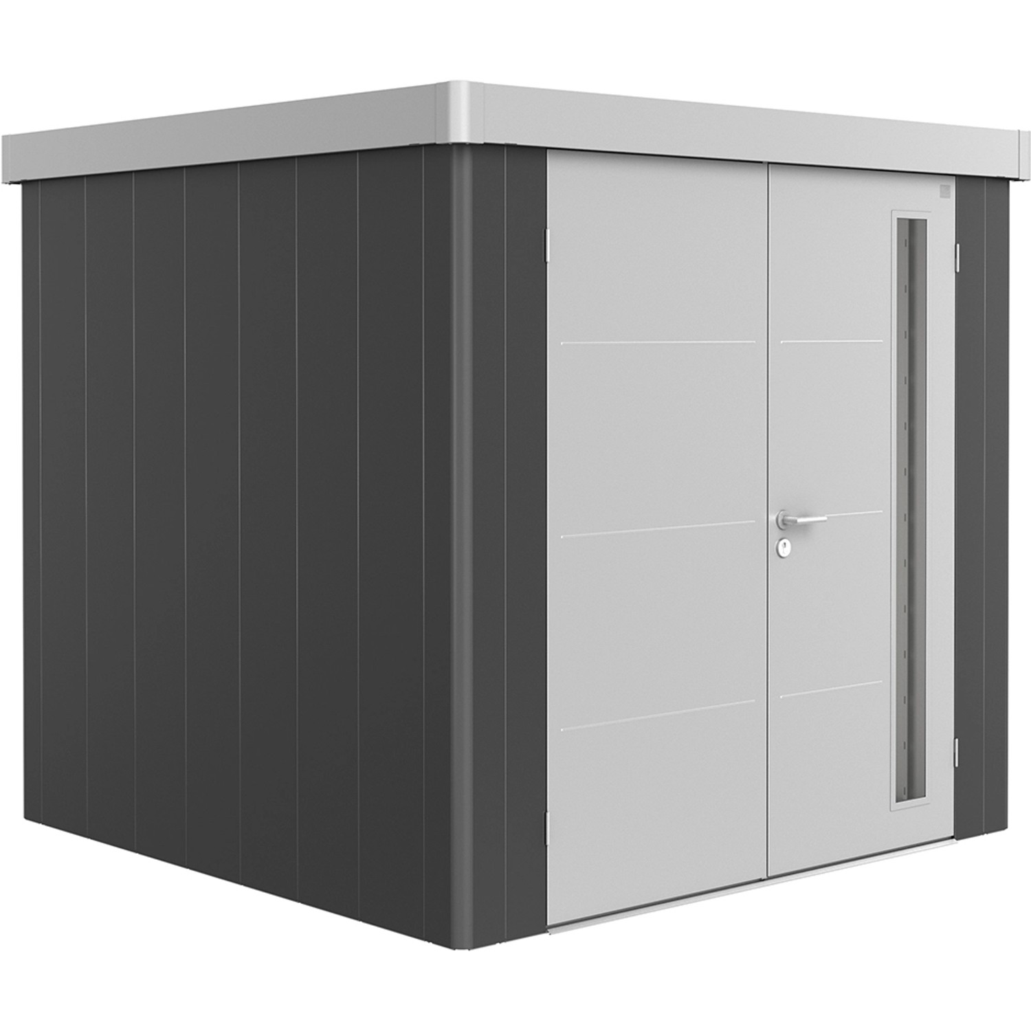 Biohort Plechový zahradní domek Neo2B 3.1 dvoukřídlé dveře tm. šedá 236 x 236 cm