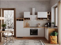 Respekta Kuchyně Hilde L bílá/dub 280 cm-trouba+sklok.d./digestoř/myčka/lednice