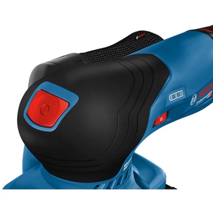 Detail: Akumulátorová vibrační bruska Bosch Professional GSS 12V-123, modré tělo s černou rukojetí.