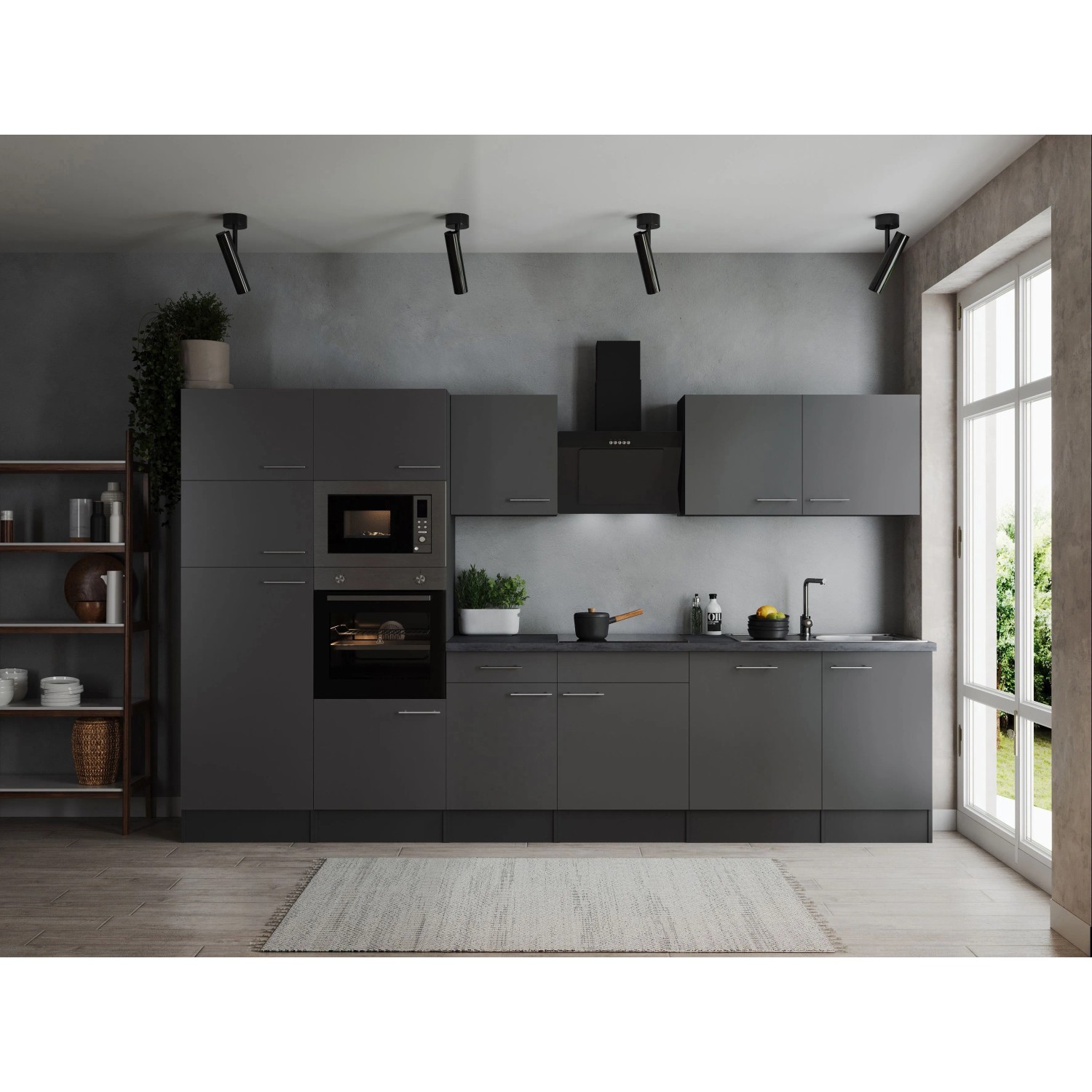 Respekta Kuchyně Oliver šedá/žula 340 cm-trouba/skl.deska/dig./myčka/led./mik.