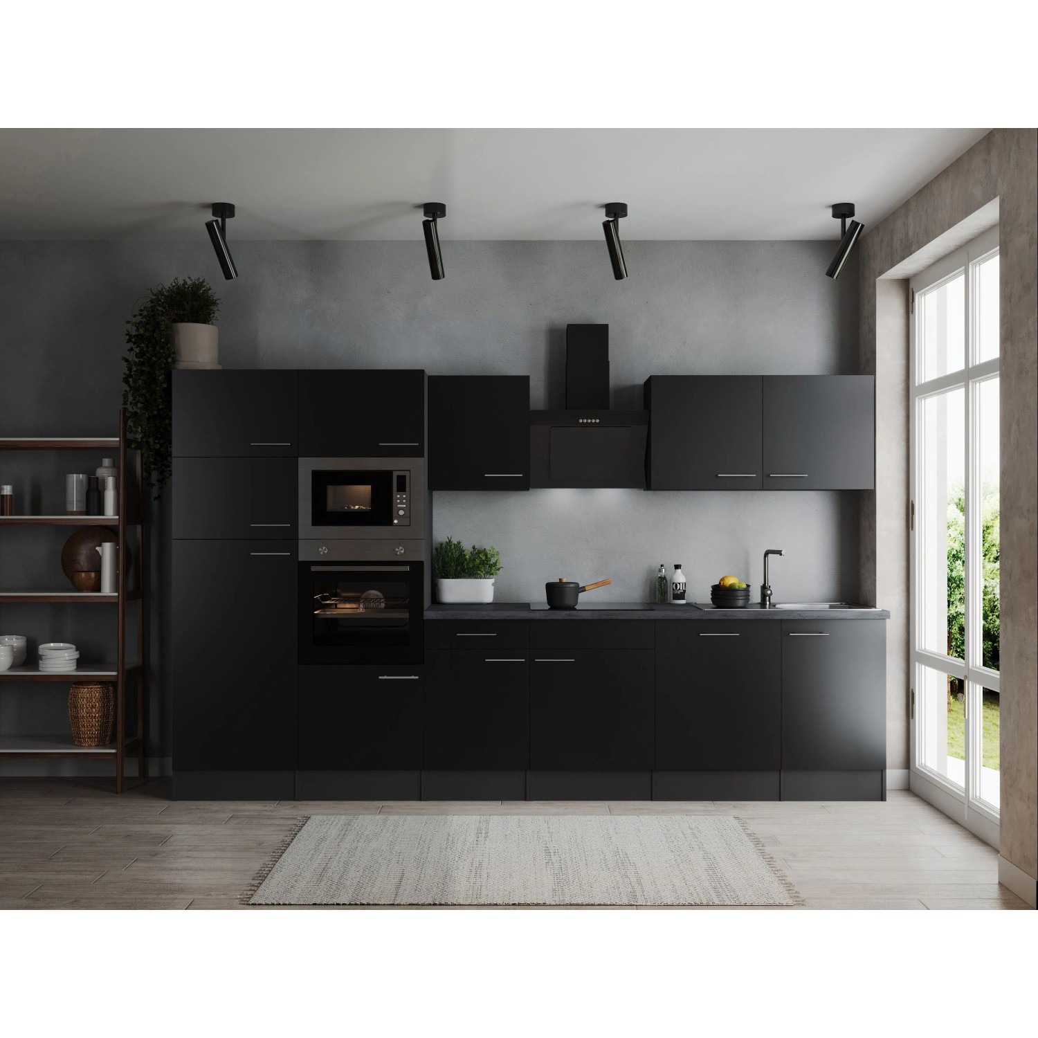 Respekta Kuchyně Oliver černá/žula 340 cm-trouba/skl.deska/dig./myčka/led./mik.