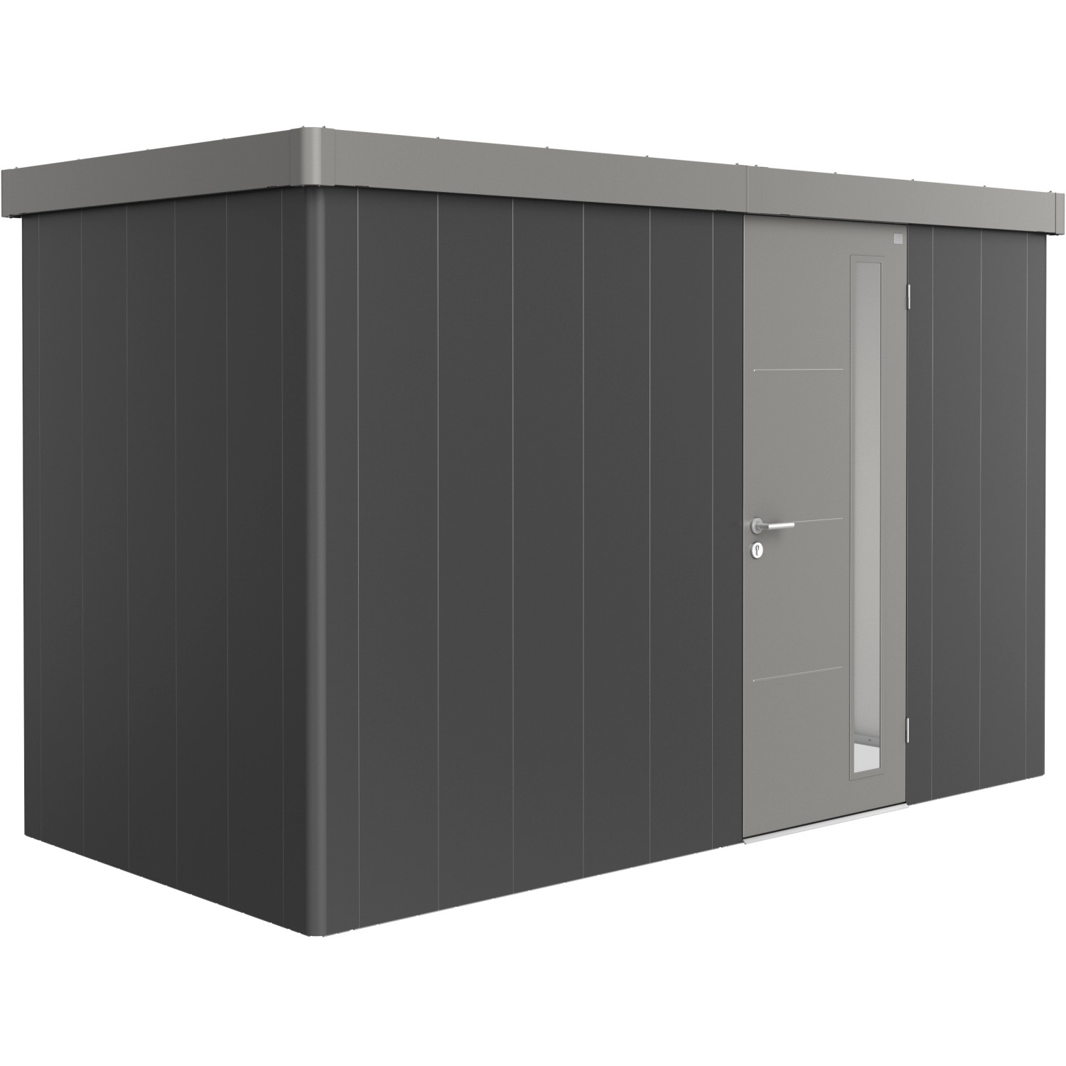 Biohort Plechový zahradní domek Neo1D 3.2 standardní dveře tm. šedá 348 x 180 cm