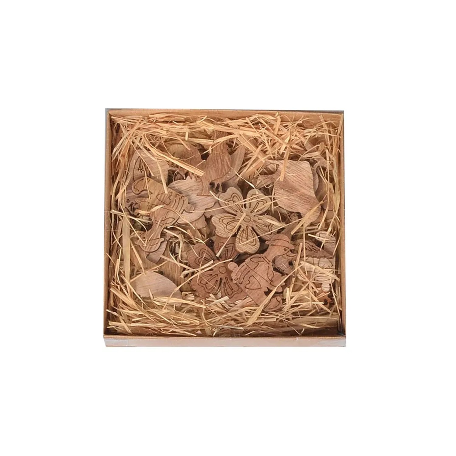 Komponenty ke zdobení dřevěné 24 ks vč. krabičky 13,3 x 13,3 x 1,5 cm