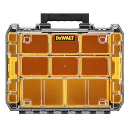 Průhledný kufřík na nářadí s žlutými přihrádkami od DeWalt.