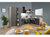 Respekta Kuchyně Merle L šedá/dub 310 cm-nrz.d./šikmá digestoř/myčka/lednice