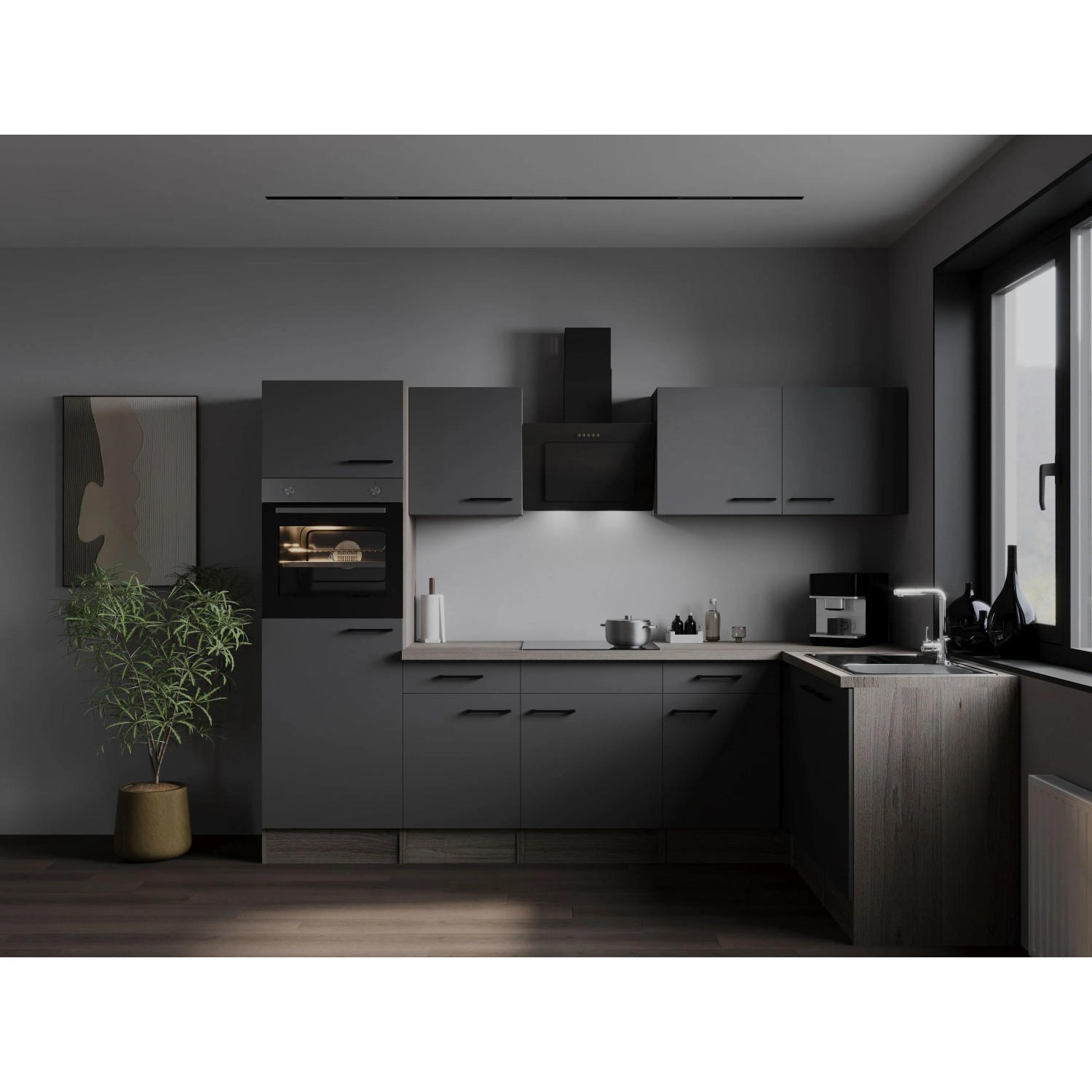 Respekta Kuchyně Oliver L šedá m./dub 280 cm-trouba/skl.deska/dig./myčka/led.