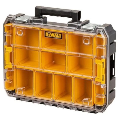 Box na nářadí Dewalt s průhledným víkem a žlutými přihrádkami.