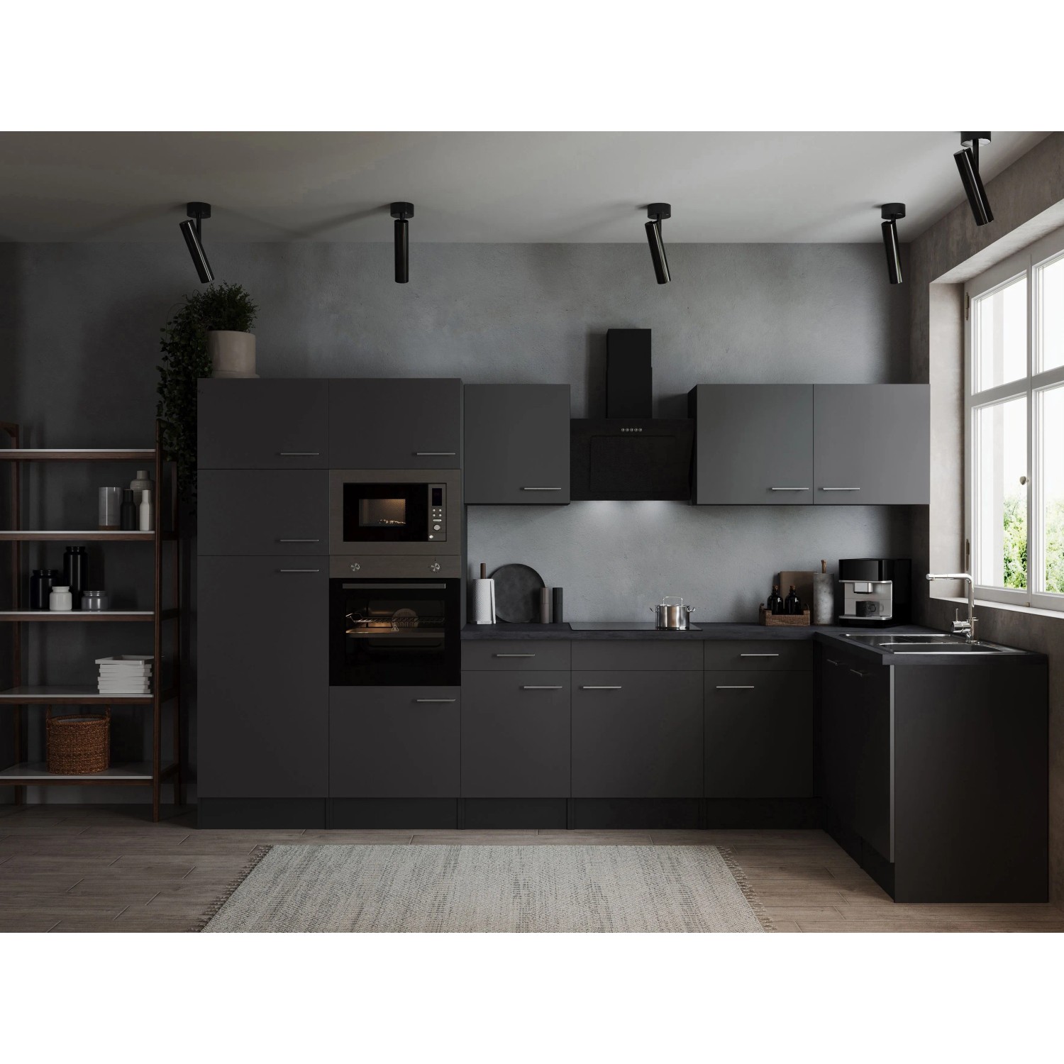 Respekta Kuchyně Oliver L šedá/žula 340 cm-trouba/skl.deska/dig./myčka/led./mik.