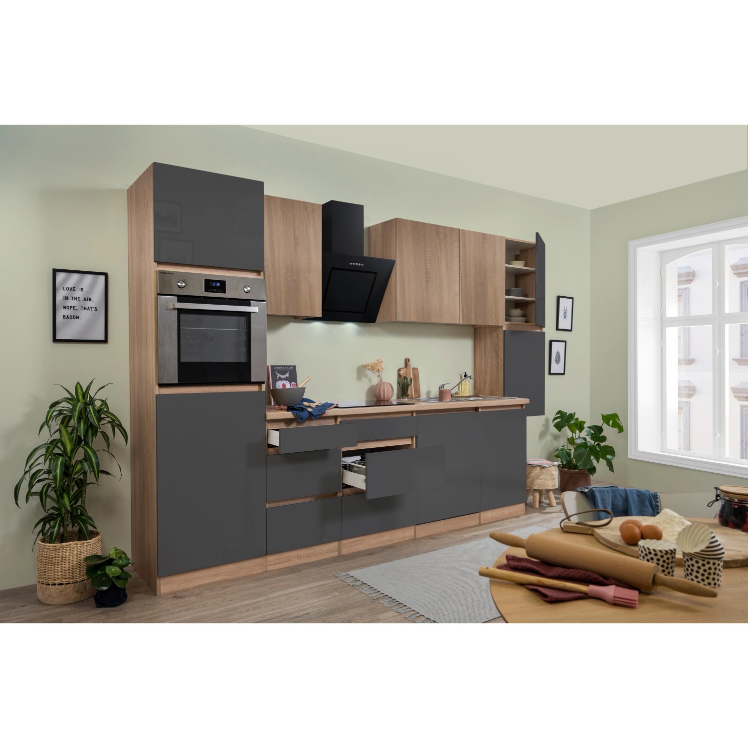 Respekta Kuchyně Lorena šedá/dub 330 cm-trouba/skl.d.(2)/dig./myčka(2)/lednice