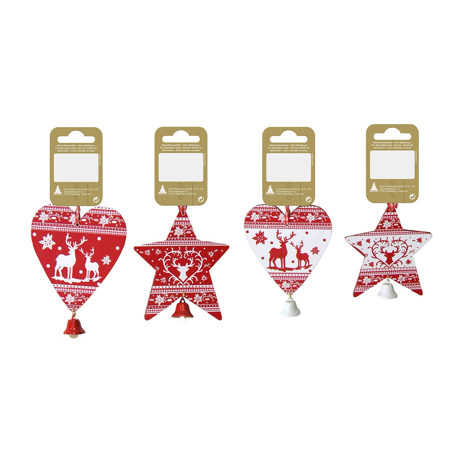 Vánoční dekorace dřevěná závěsná se zvonky 9 cm, bílo-červená, různé druhy