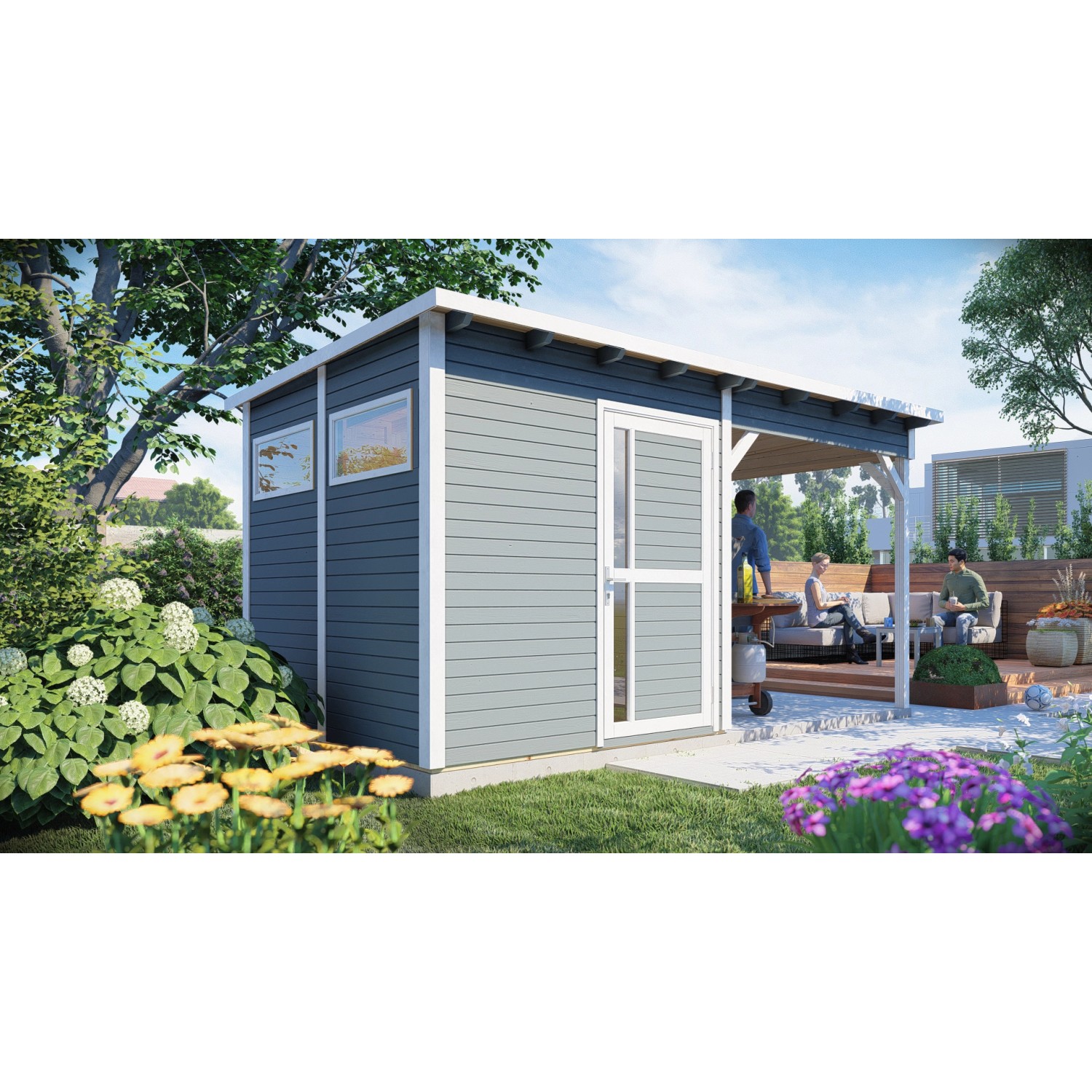 Bertilo Dřevěný domek na nářadí Pentus 2 Lounge, šedá, 449 x 234 cm