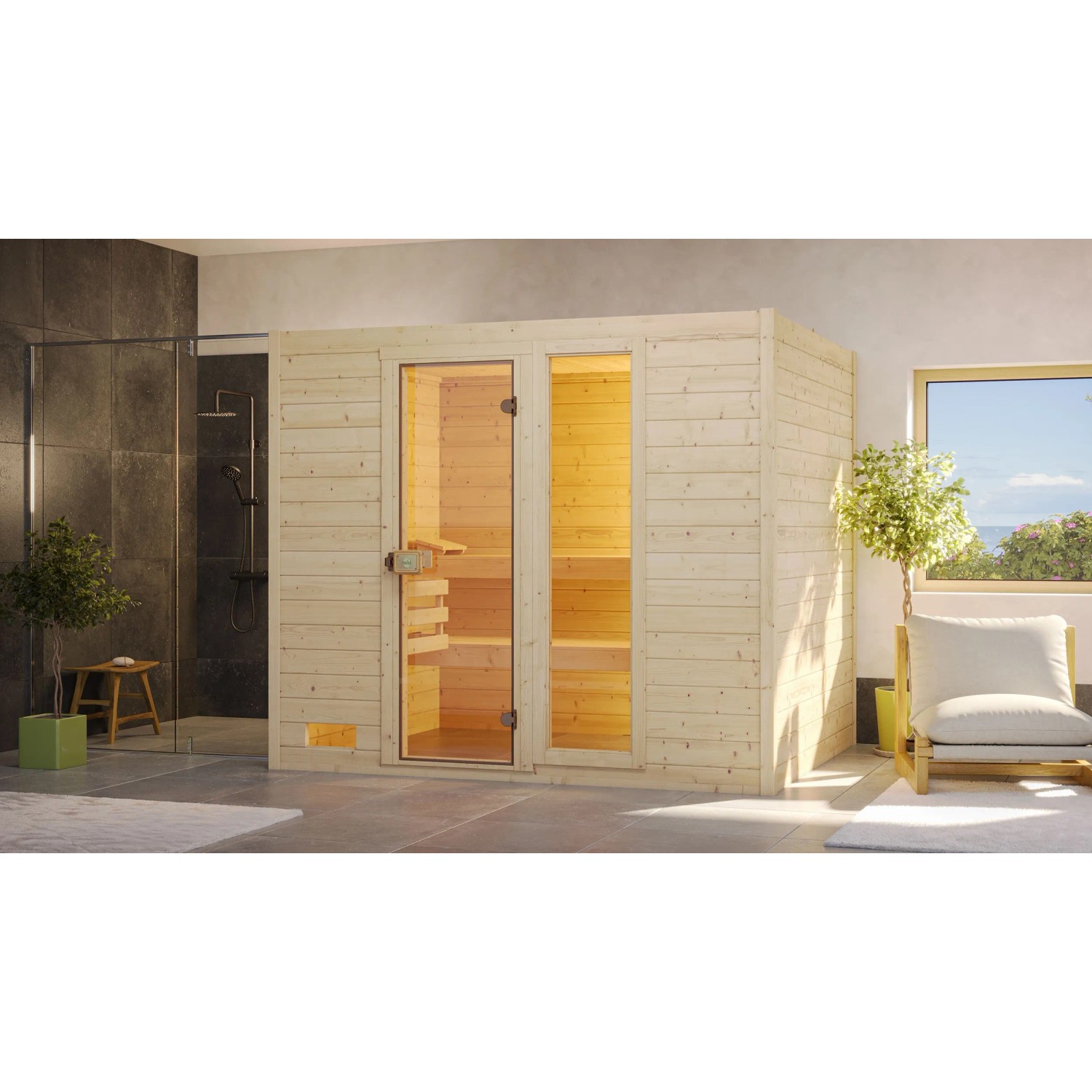 Weka Dřevěná sauna Valida 4 sk.dv.+okno, přír., 239x189x203,5cm + BioAktiv 7,5kW