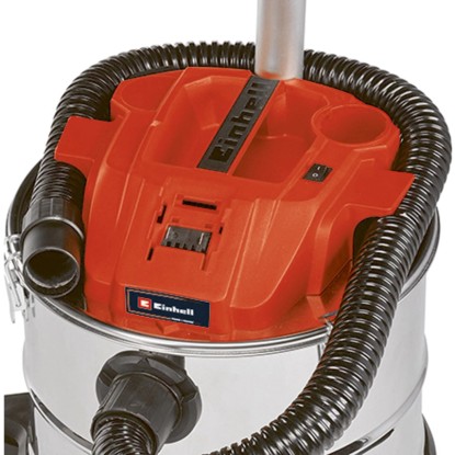 Einhell Power X-Change akumulátorový vysavač popela TE-AV 18/15 Li C-Solo: Detailní pohled na nádobu, hadici a držák baterie.