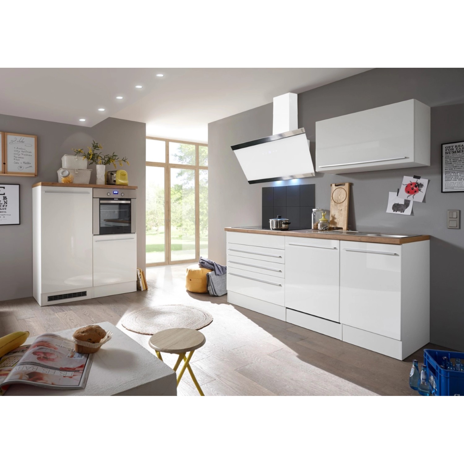 Respekta Kuchyně Gabriel bílá/dub 320 cm-trouba/skl.d.(2)/dig.(2)/myčka(2)/led.