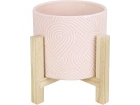 Keramický květináč s dřevěným podstavcem, růžová, pr. 16 x 18 cm