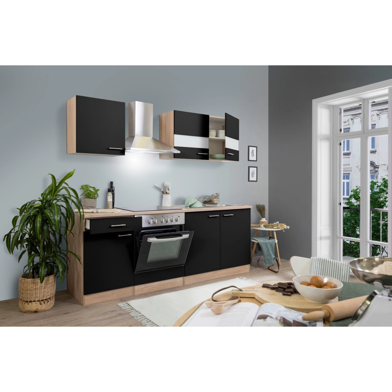 Respekta Kuchyně Merle černá/dub 210 cm-skl.deska/komín.digestoř/myčka