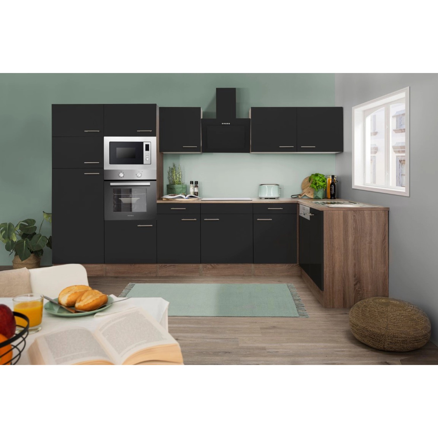 Respekta Kuchyně Oliver L černá/dub 340 cm-trouba/skl.d./digestoř/myčka/led./mi.