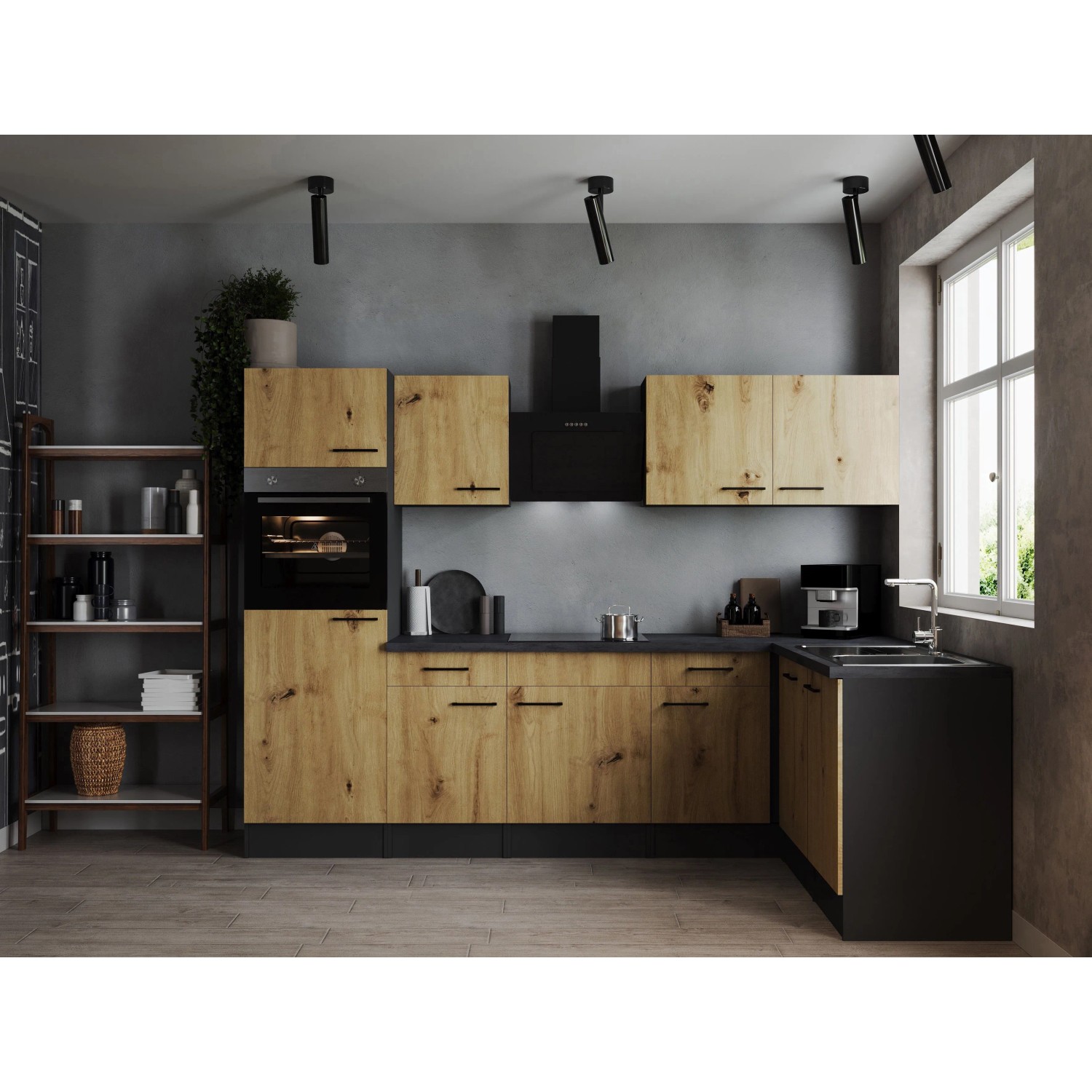 Respekta Kuchyně Oliver L dub/žula 280 cm-trouba/skl.deska/dig./myčka/led.