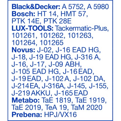 Kompatibilní sešívačky pro nerezové sponky LUX-TOOLS 11,4 mm x 10 mm: Black&Decker, Bosch, Novus, Metabo, Prebena.