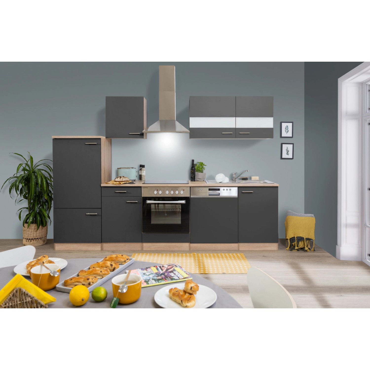 Respekta Kuchyně Merle šedá/dub 280 cm-skl.deska/komín.digestoř/myčka/lednice