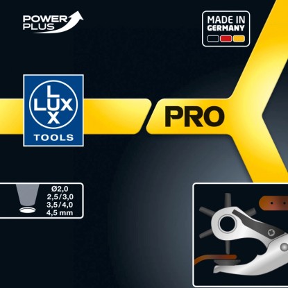 LUX-TOOLS PRO Děrovací kleště revolverové, 250 mm, s uvedením velikostí a příkladem použití.