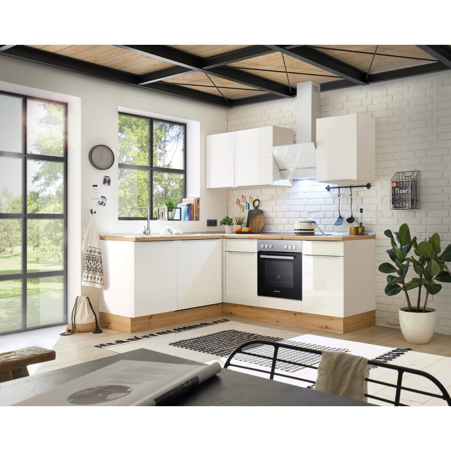 Respekta Kuchyně Marleen L bílá/bílá 220 cm-trouba+skl.deska/digestoř/myčka