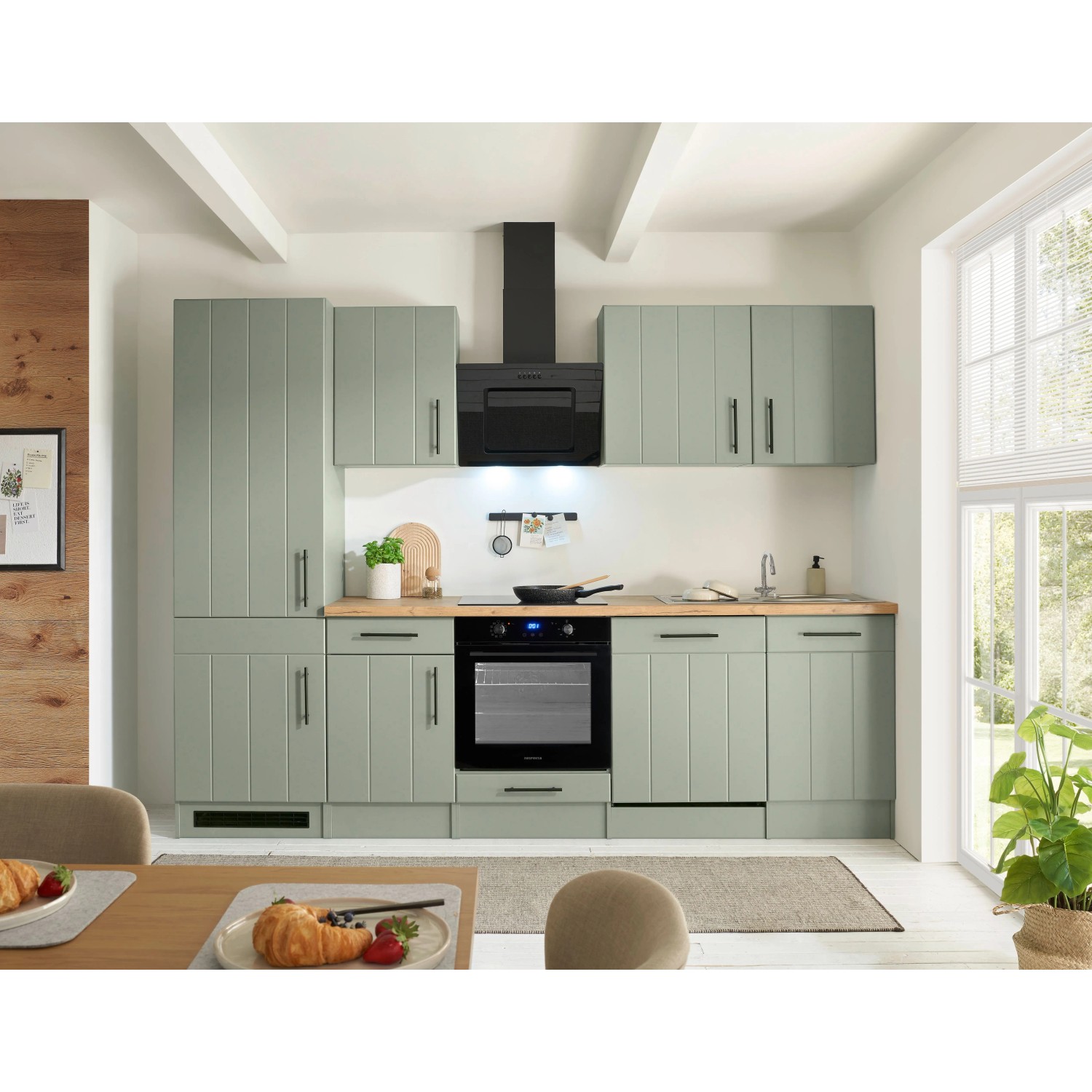 Respekta Kuchyně Anton zelená/dub divoký 280 cm-trouba/ind.d./myčka/dig./lednice