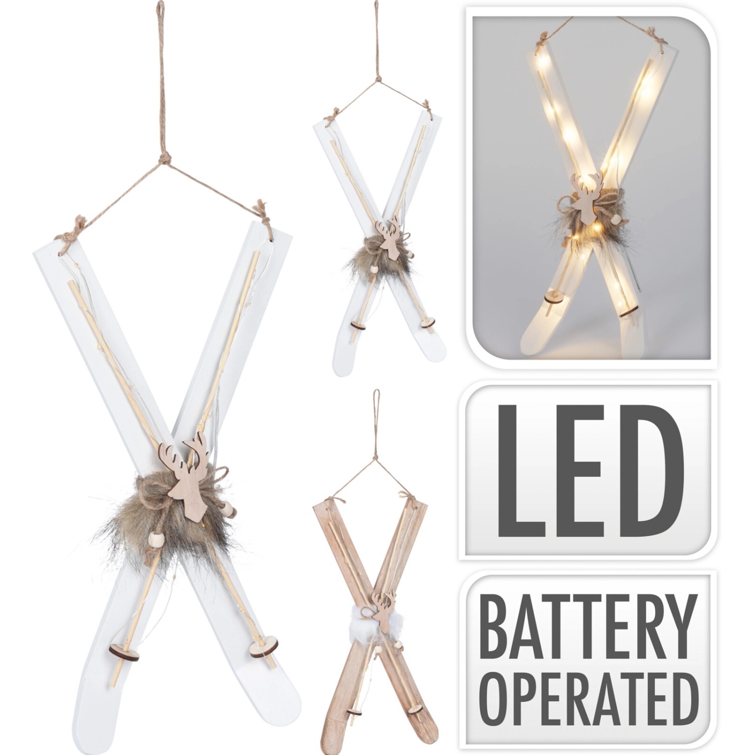 Závěsná vánoční dekorace lyže s LED osvětlením, různé druhy, 15,5 x 4,5 x 42 cm