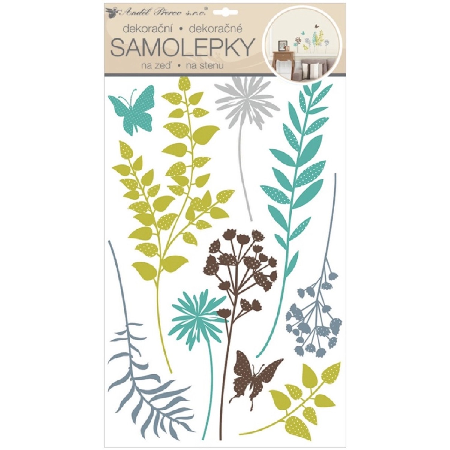 Anděl Přerov Samolepky na zeď barevné kapradiny s glitry, 50 x 32 cm