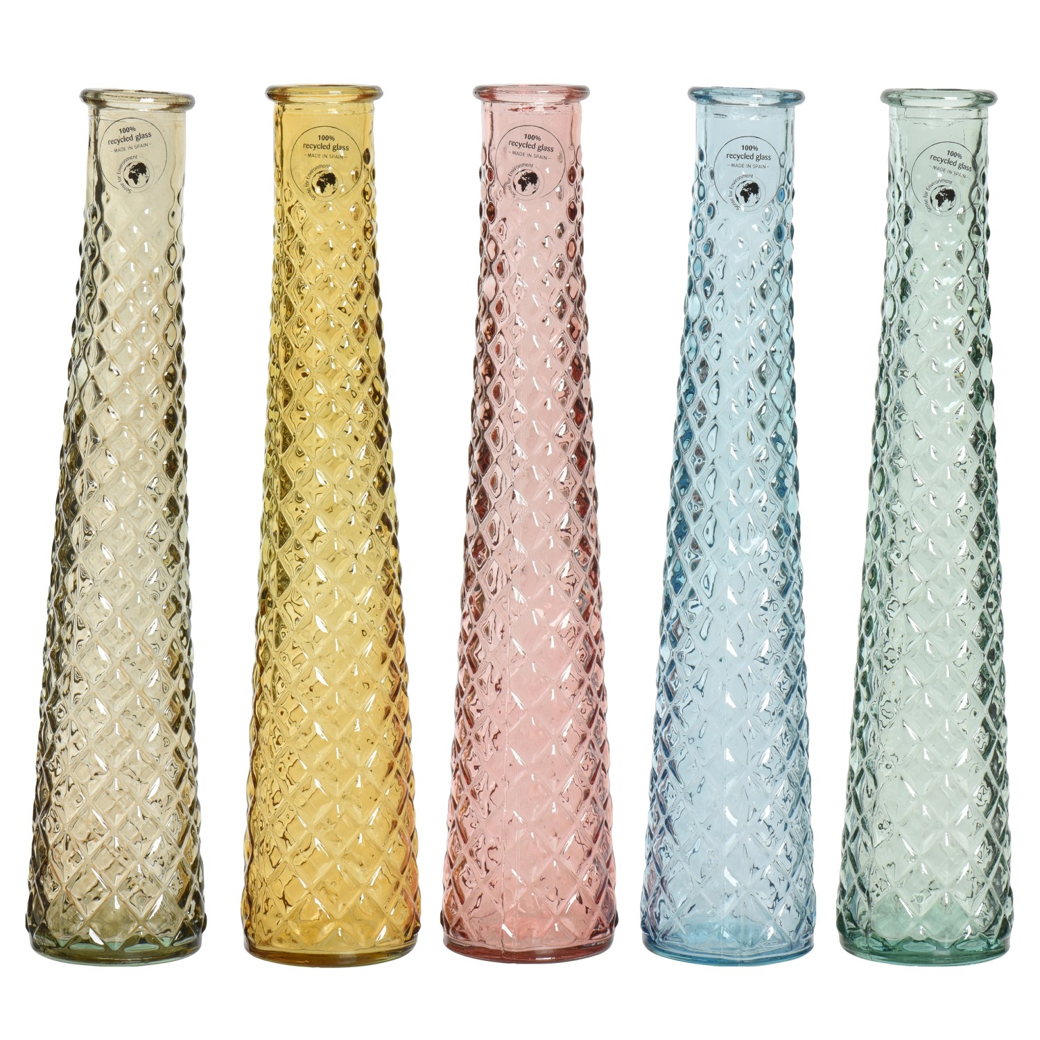 Skleněná váza s reliéfem, různé barvy, pr. 7 x 32 cm