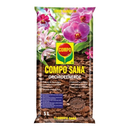 Compo Sana Substrát pro orchideje, 5 l, bez rašeliny v sáčku s květy orchidejí.