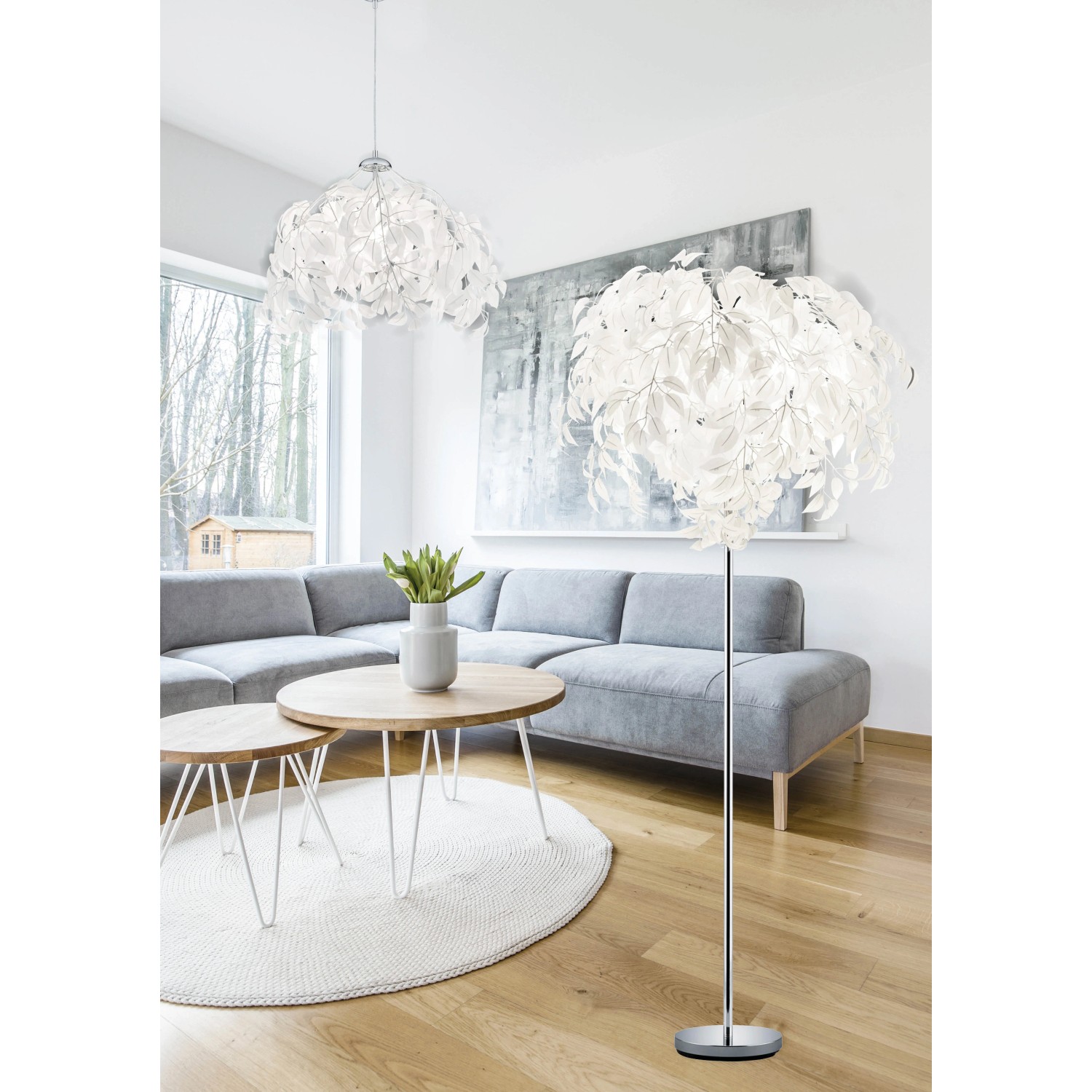 Lustre Suspendu Réglable Leavy Noir - 150cm Max, Ø38cm, 1xE28 Max - Design Feuilles Métal/Plastique