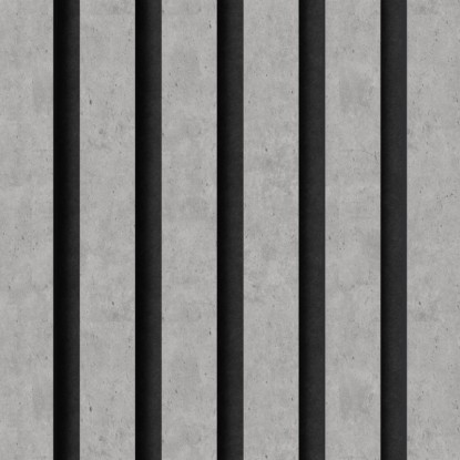 Akustický panel v betonovém provedení s černými akustickými plstěnými proužky pro stěny a stropy.