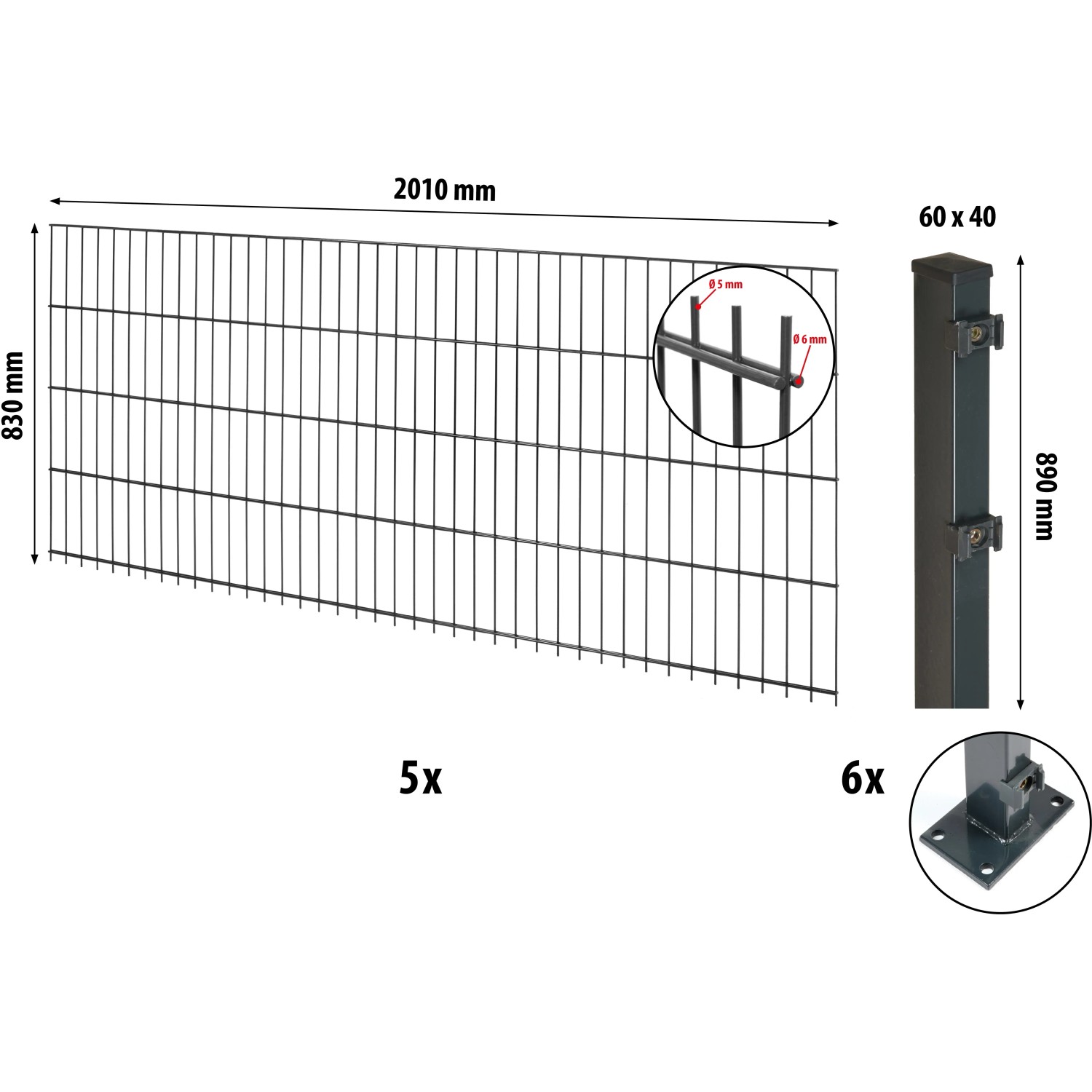 Floraworld Kompletní plotový set 2prut. sl.6x4 patka, antracit, 83 cm, 10 m