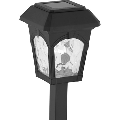 Černý LED solární sloupek ve vintage designu do zahrady. Dekorativní solární světlo se strukturovaným sklem.
