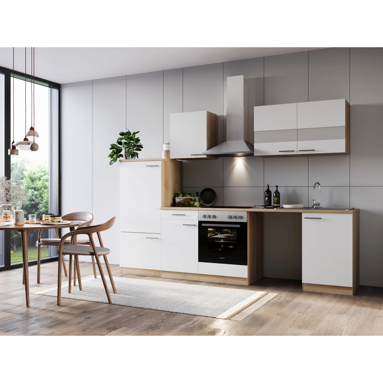 Respekta Kuchyně Merle bílá/dub 280 cm-skl.deska/kom.dig/lednice/nika na pračku