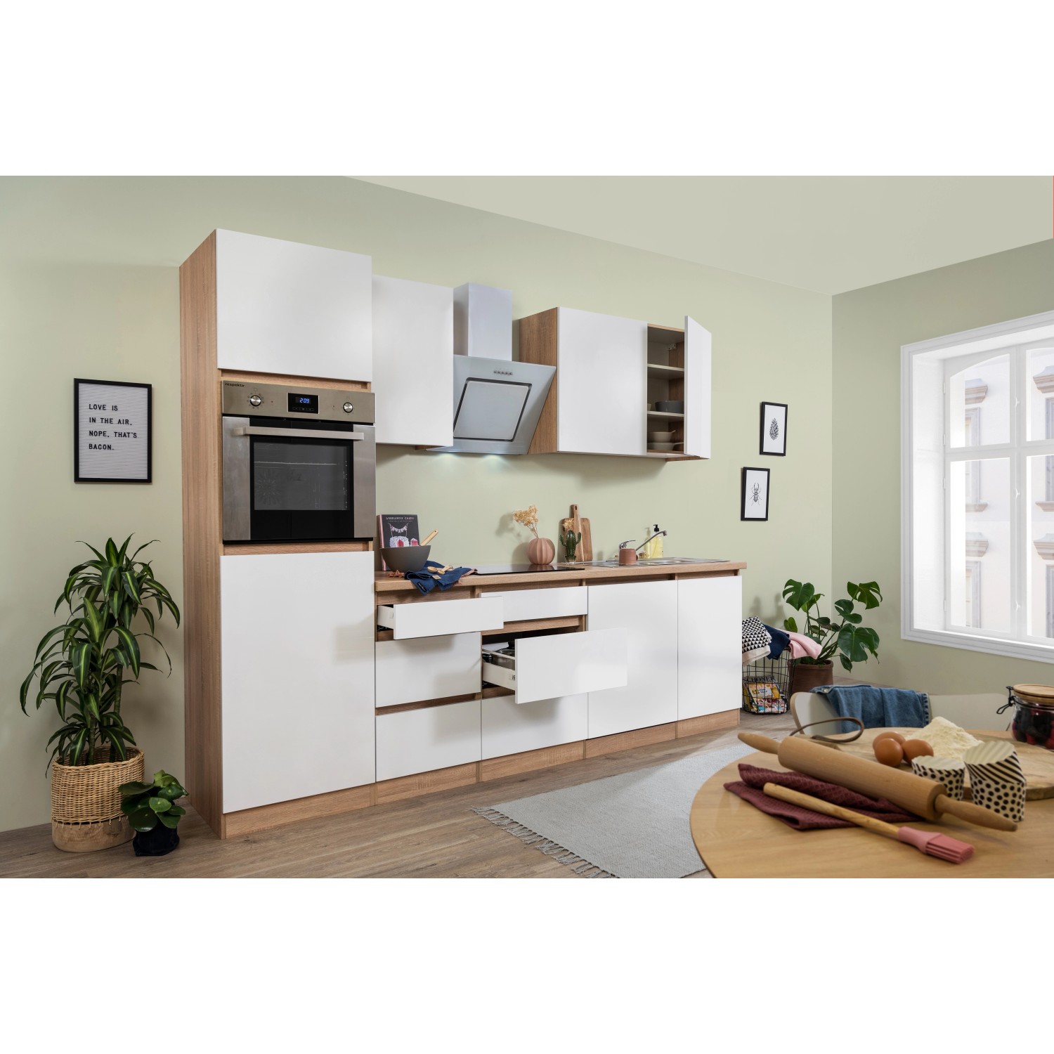 Respekta Kuchyně Lorena ma.bílá/dub 280 cm-trouba/skl.d./digestoř/myčka/lednice