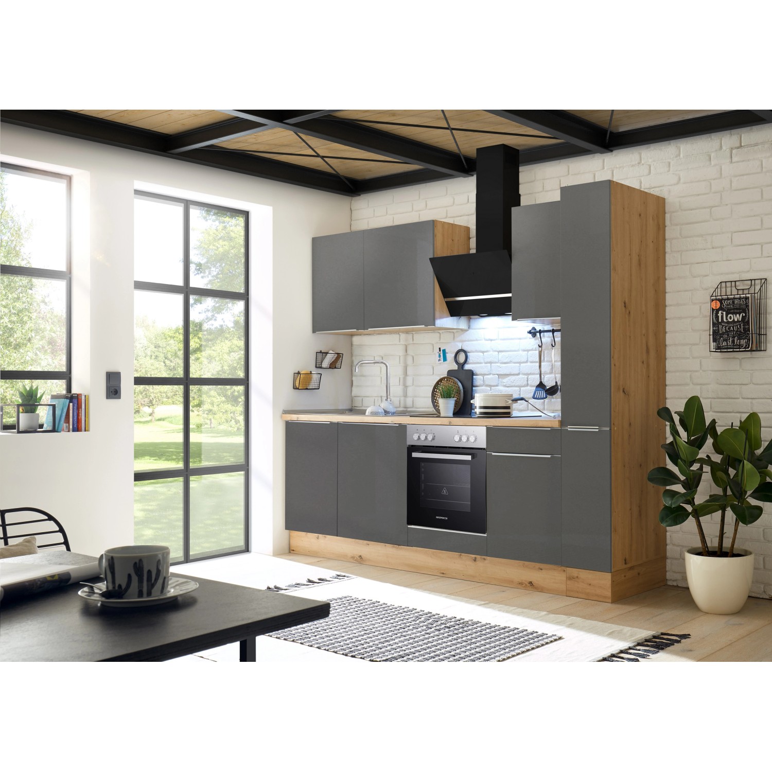 Respekta Kuchyně Marleen matná šedá/dub 250 cm - skl.deska/šikmá digestoř/myčka