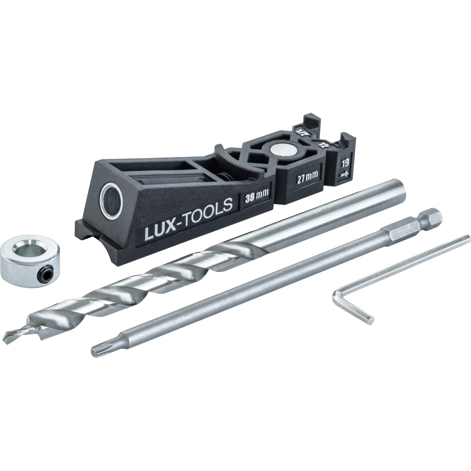 LUX-TOOLS Kapesní vrtací šablona pro 1 otvor do dřeva + vrták