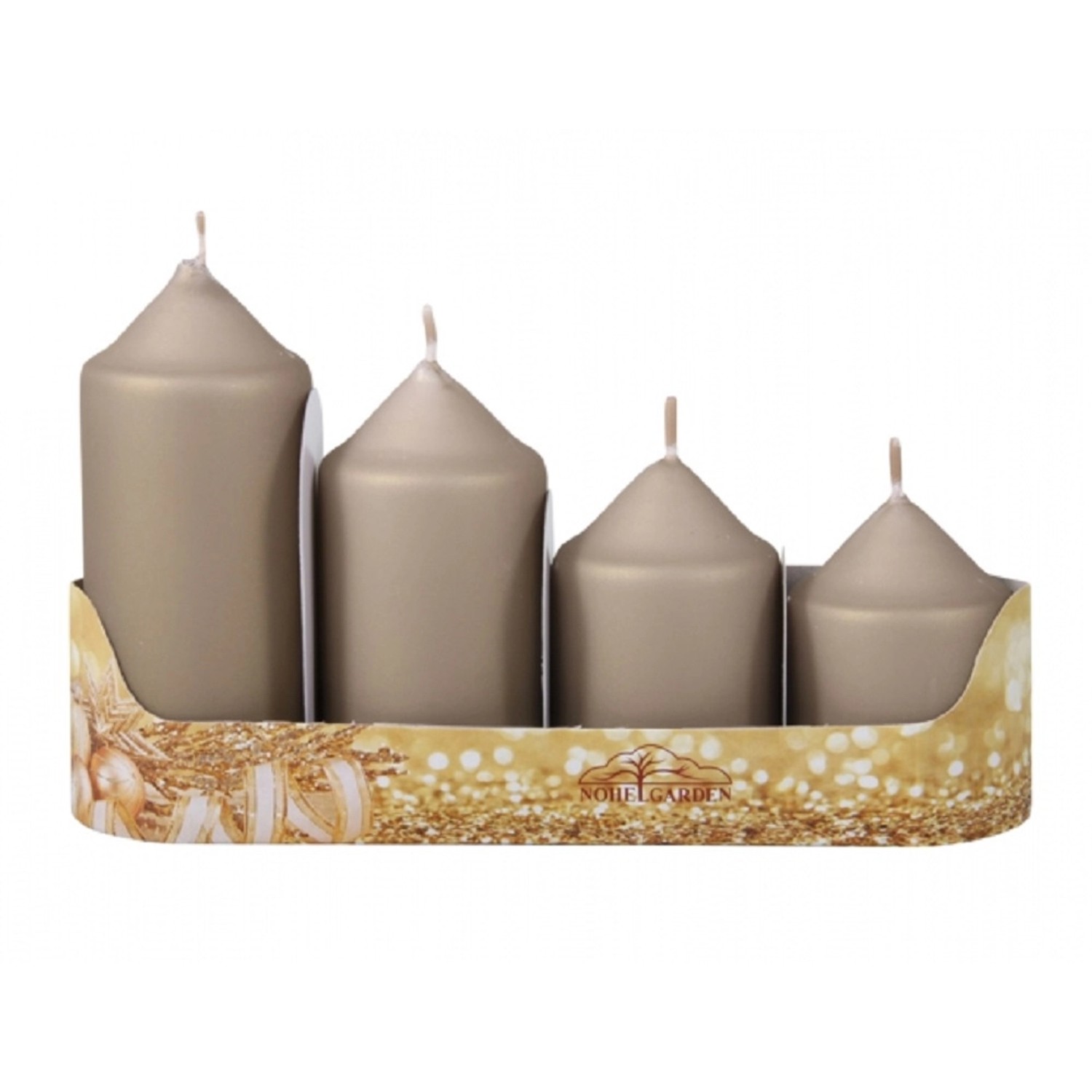 Svíčky adventní STUPŇOVITÉ matné tmavě béžová, pr. 5 x 7/8/10/12 cm, 4 ks