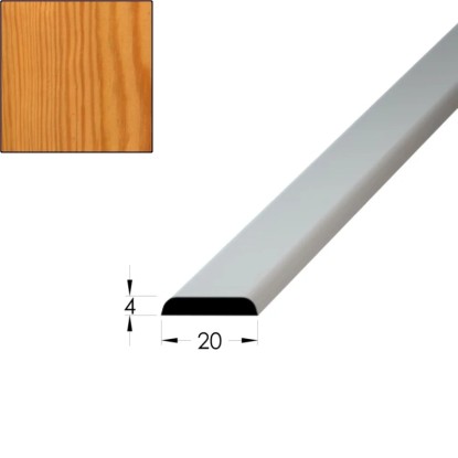 Profilové dřevo: Stříbrný profil o rozměrech 4 x 20 mm, vzor dřeva v rohu.